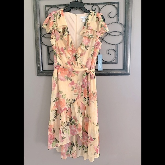 LONDON Times Cold Shoulder Ruffle Midi Dress Size 12P NWT - Picture 2 of 10